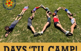 A group of campers lies on grass, forming the number 100 with their bodies. The Camp Ramah New England logo is in the top left. Text at the bottom reads, DAYS TIL CAMP! on a yellow background.